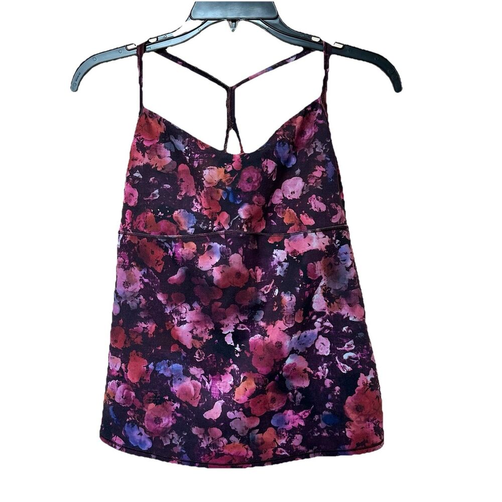 Athleta Tank Top Med Spaghetti Criss Cross Straps Dark Floral Purple Athletic